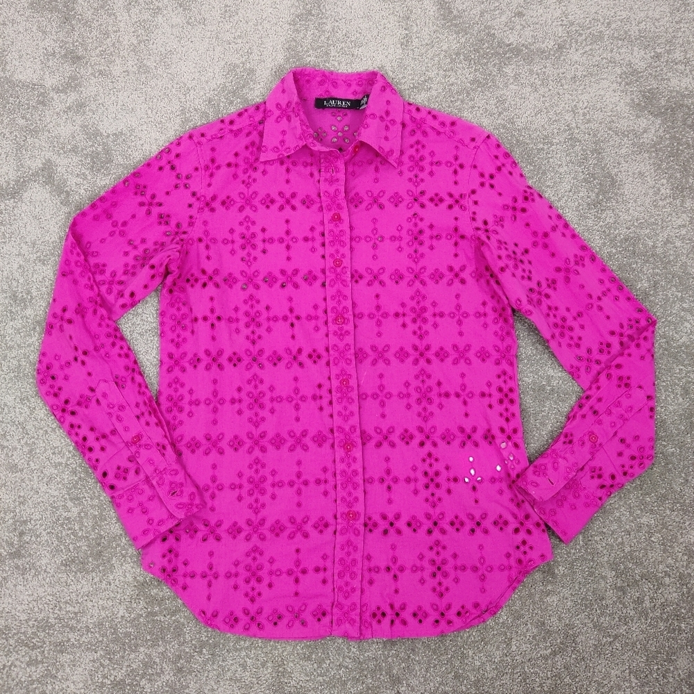 Ralph Lauren Black Label Pink Eyelet Button Down Shirt Size XS Barbiecore Cotton